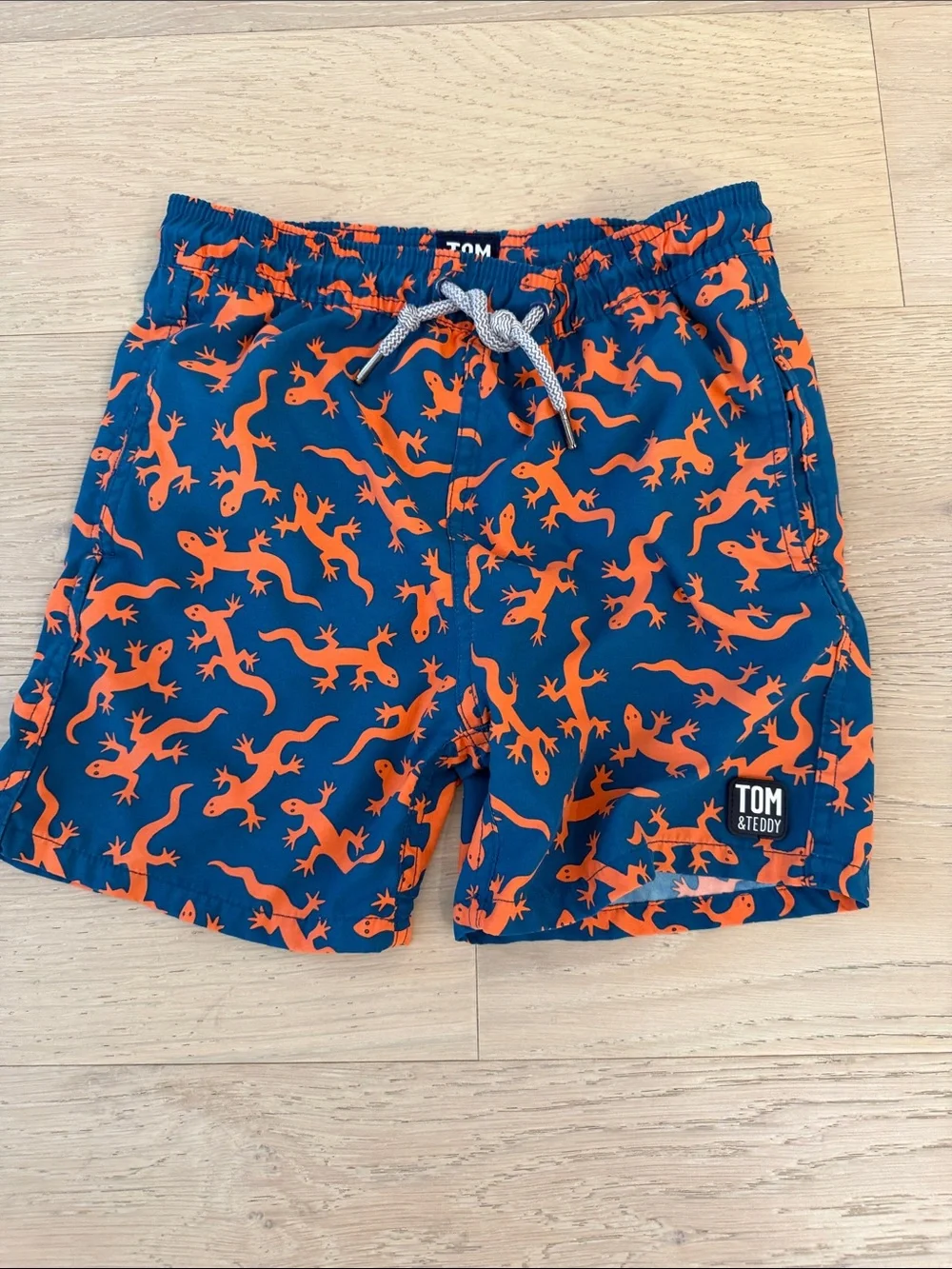 Tom & Teddy Navy Swim Shorts with Bright Orange Lizard Print
